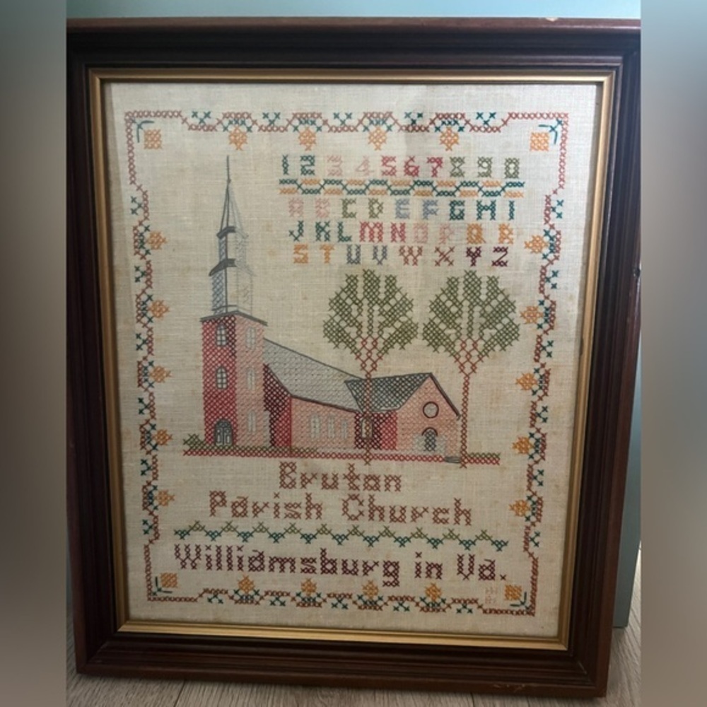 Framed Needle Work Cross Stitch Sampler Williamsburg Va Bruton Parish Church
